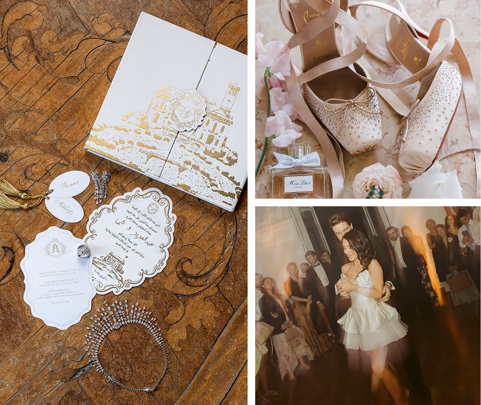 Un collage fotografico di un matrimonio di lusso composto da una partecipazione nuziale con scritte in arabo e una tiara di brillanti, un dettaglio di scarpe Christian Louboutin rosa con strass e boccetta di profumo Dior, e gli sposi che ballano felici durante il ricevimento serale.